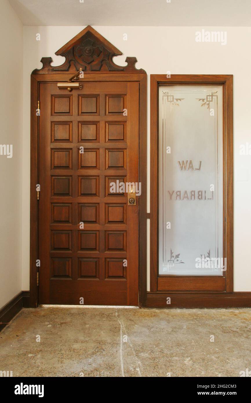 Historic Law Library door and window. Liberty Tower, Dayton, Ohio, USA. Stock Photo