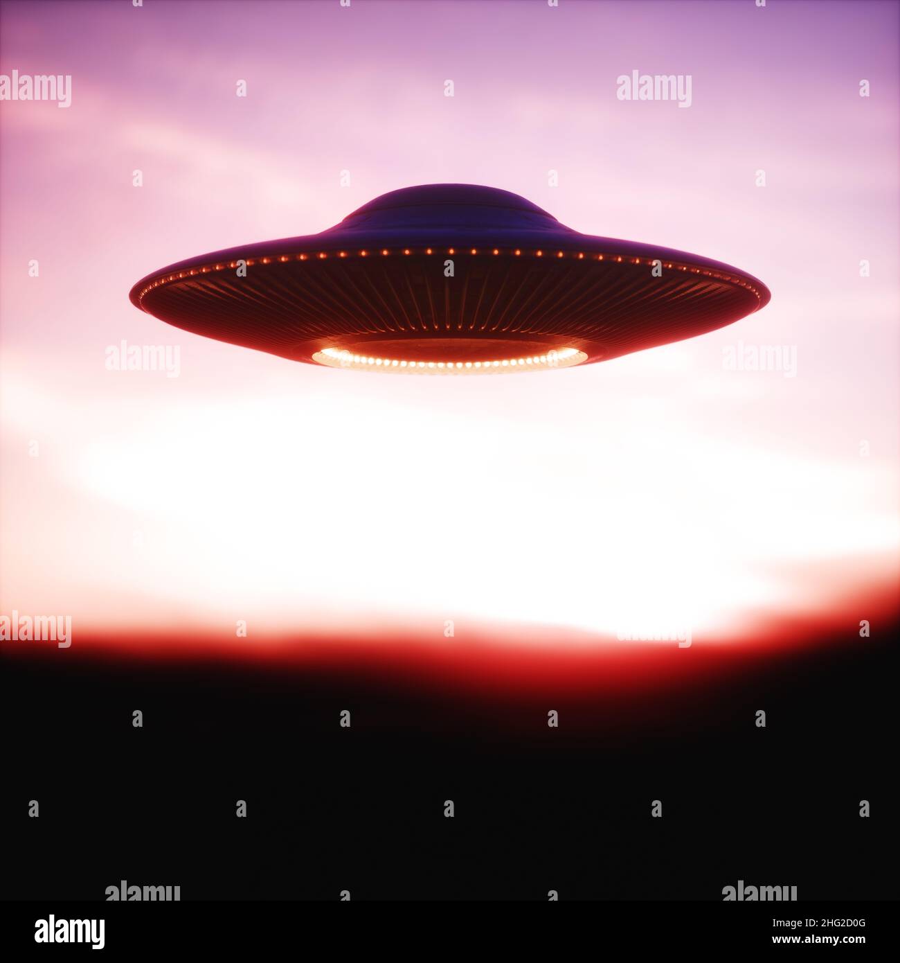 Unidentified flying object - UFO. Science Fiction, 3D illustration concept of ufology. Stock Photo