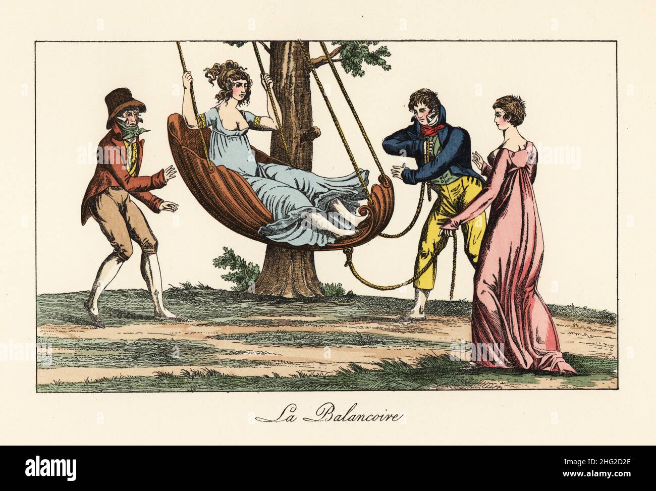Merveilleuse in a scallop-shell swing under a tree, Paris, Directoire era. An Incroyable pushes her from behind while a couple pull with ropes One woman has a short hairstyle, as la Titus or a la Victime. La Balancoire. From a satirical print in Pierre de la Mesangere's le Bon Genre, 1800s. Handcoloured lithograph from Henry Rene d’Allemagne’s Recreations et Passe-Temps, Games and Pastimes, Hachette, Paris, 1906. Stock Photo