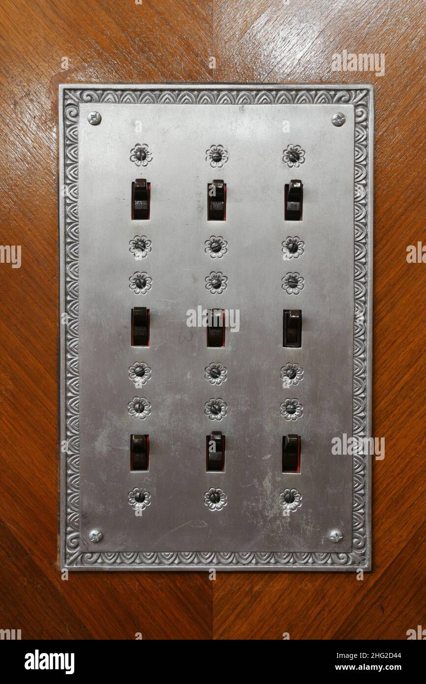 Directors Room conference room. Electrical switch panel, Art Deco style. Liberty Tower, Dayton, Ohio, USA. Stock Photo