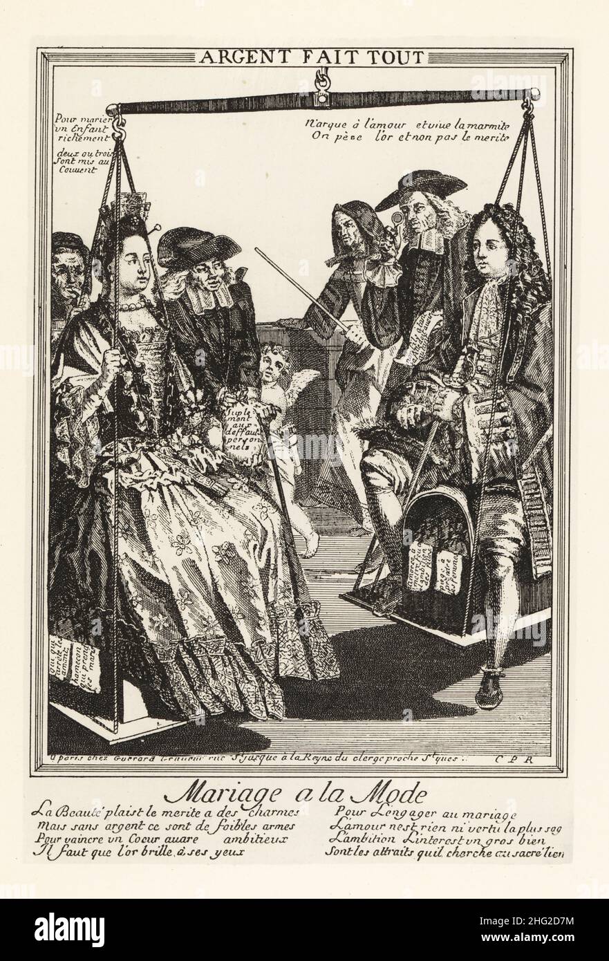 A couple sits in a public weight balance to compare their assets before marriage. Advisors add supplements to the scales. Mariage a la Mode. Argent Fait Tout. From a satirical print by Nicolas Guerard, rue St Jacques a la Reine du Clerge, circa 1715. Lithograph from Henry Rene d’Allemagne’s Recreations et Passe-Temps, Games and Pastimes, Hachette, Paris, 1906. Stock Photo