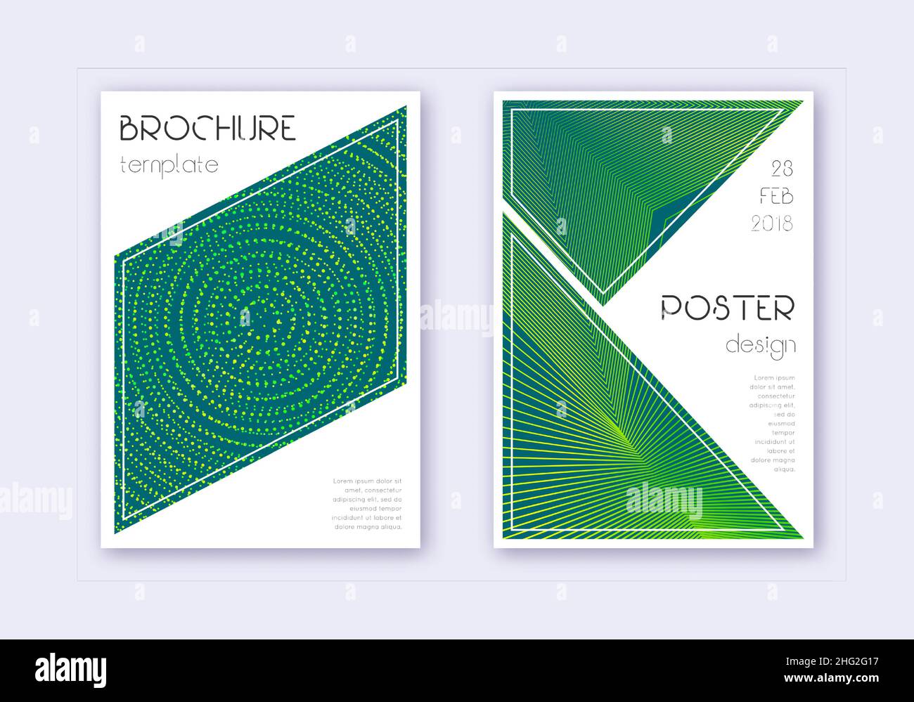 Triangle cover design template set. Green abstract lines on dark background. Ideal cover design. Alluring catalog, poster, book template etc. Stock Vector