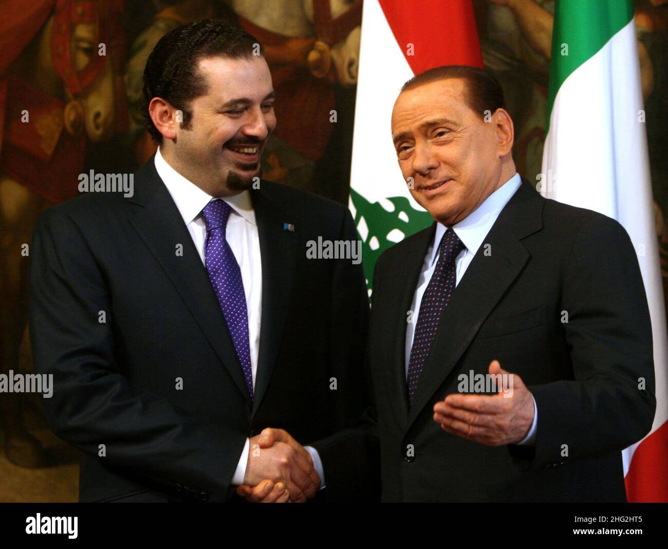 Italian Prime Minister Silvio Berlusconi meets with the Lebanese Prime Minister Saad Rafic Hariri, Rome, Italy Stock Photo