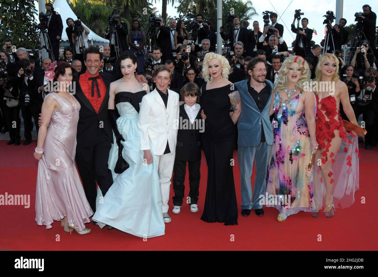 Cast members Mimmi Le Meaux, actress Dirty Martini, actor and director Mathieu Amalric, Julie Atlas Muz, actress Evie Lovelle and actor Roky Roulette  pictured during the premiere of On Tour, part of the 63rd Cannes Film Festival, Palais des Festivals, Cannes.  Stock Photo