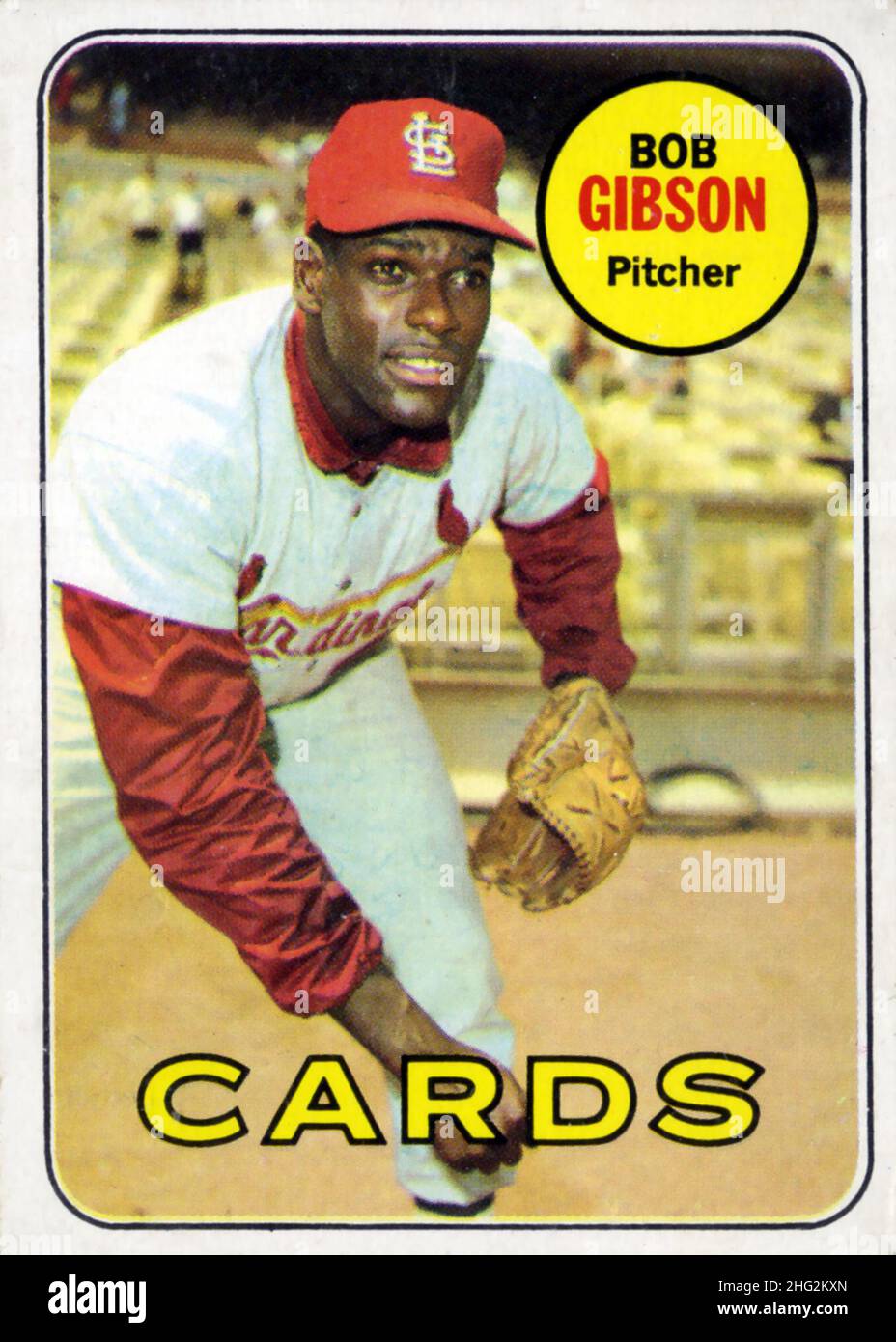 A 1969 Topps baseball card depicting Bob Gibson with the St. Louis Cardinals. Stock Photo