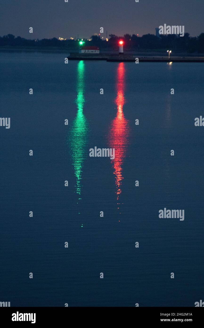 Colorful reflections from warning lights on Lake Superior at Duluth