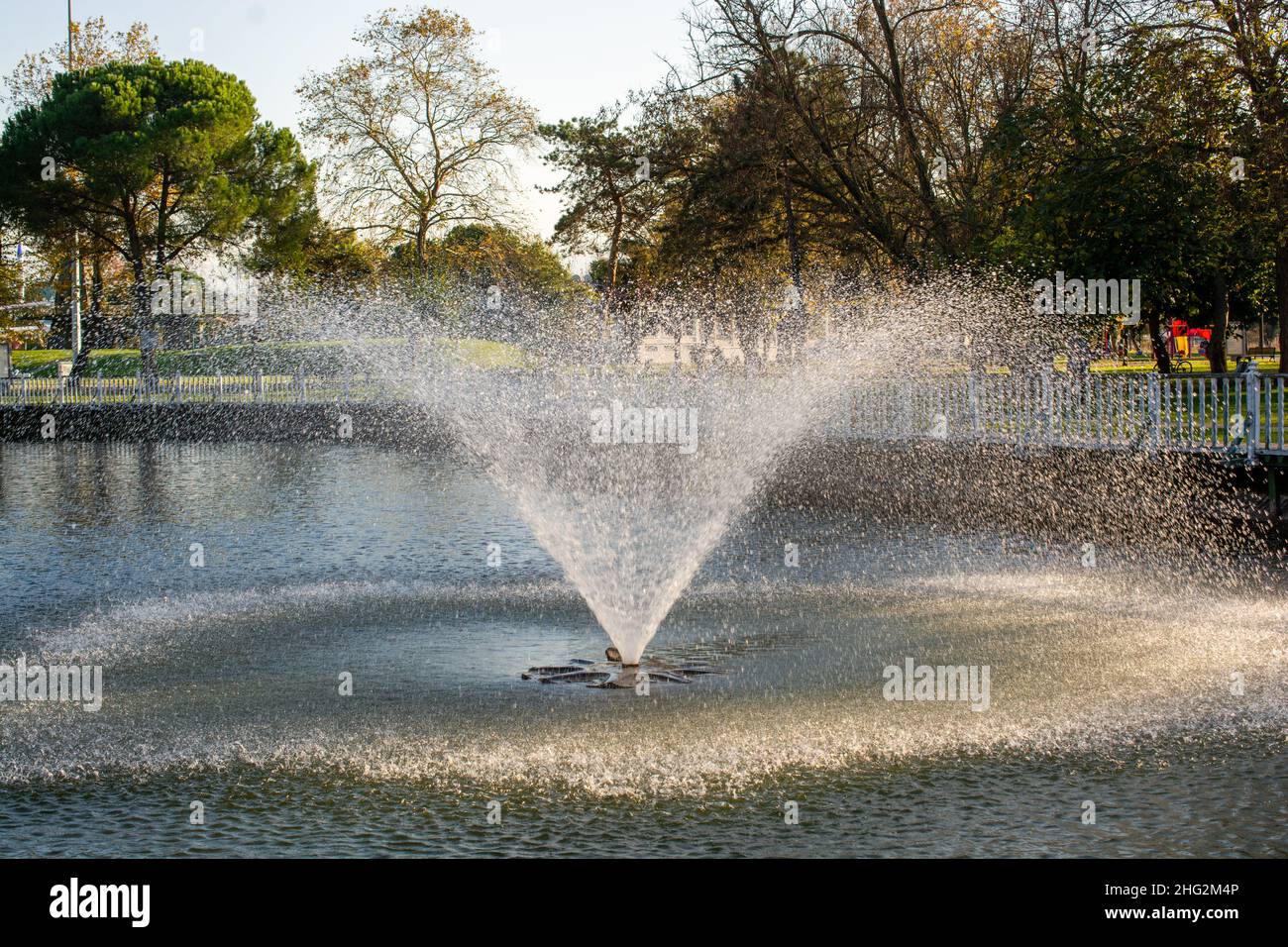 The fountain spouting water from a vertical in a  pool Stock Photo