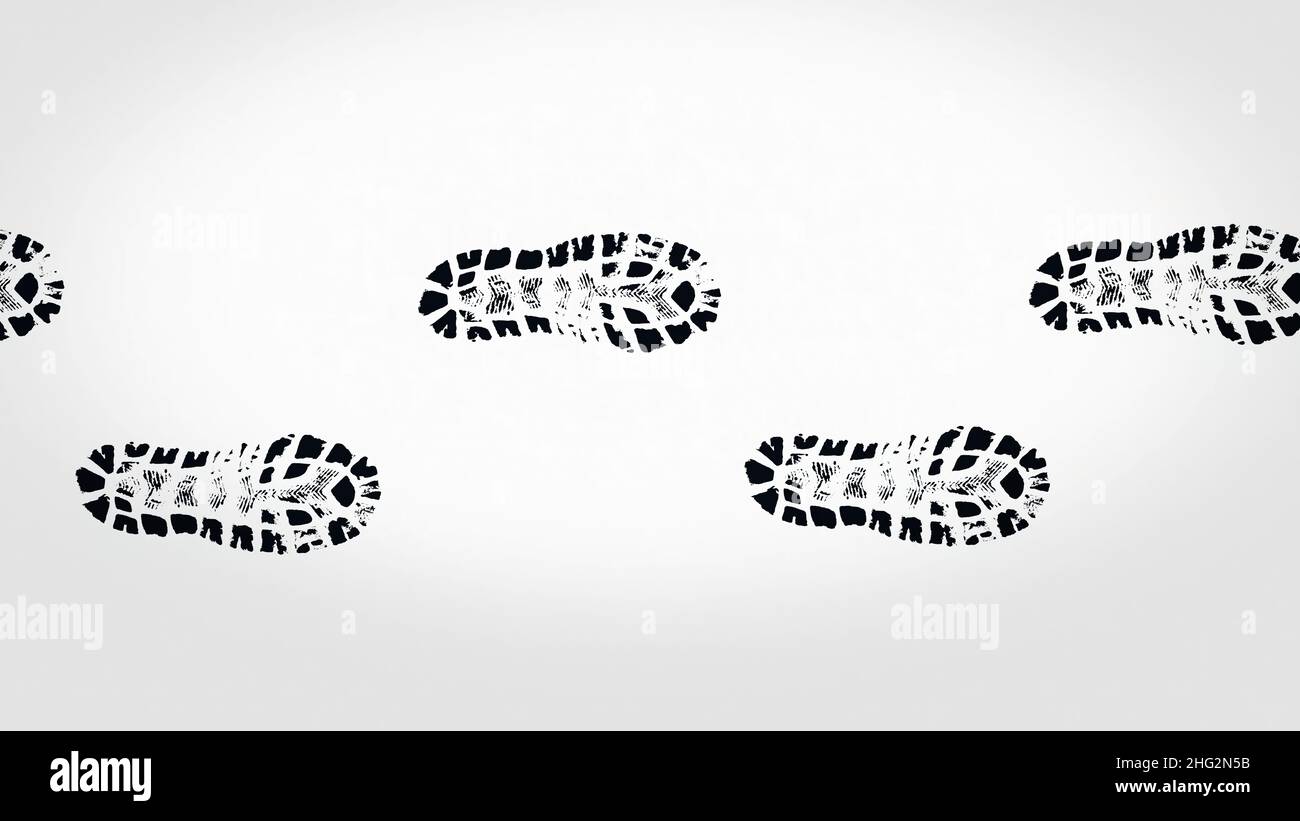 Abstract black footprints of boots on beige background, seamless loop. Many dark steps appearing on light brown background Stock Photo