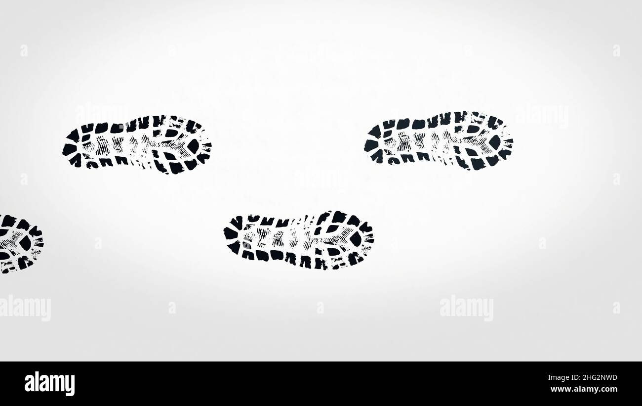 Abstract black footprints of boots on beige background, seamless loop. Many dark steps appearing on light brown background Stock Photo