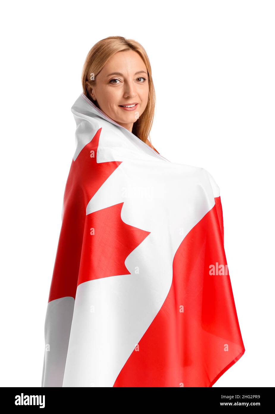 Mature woman with Canadian flag on white background Stock Photo - Alamy