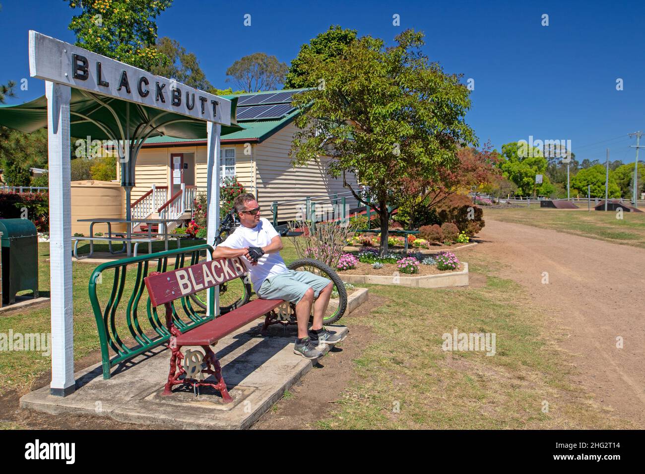 Cyclist at Blackbutt on the Brisbane Valley Rail Trail Stock Photo Alamy