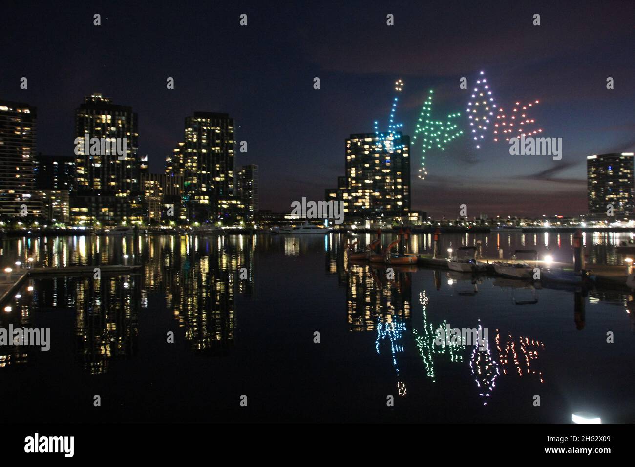 Summer night drone show in Melbourne Stock Photo