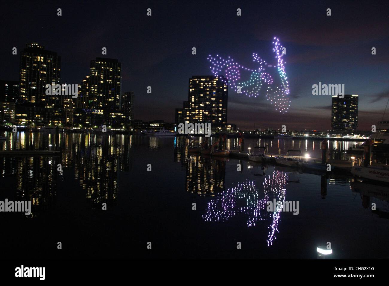 Summer night drone show in Melbourne Stock Photo