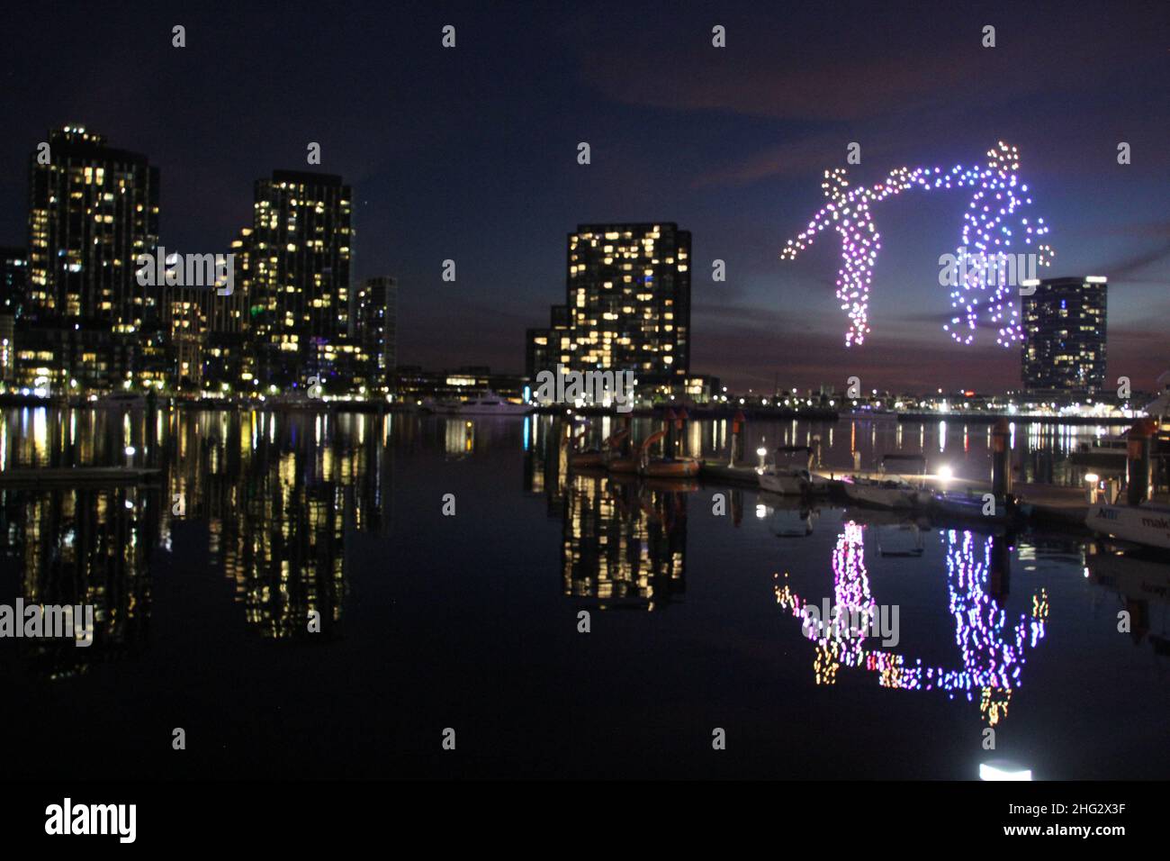 Summer night drone show in Melbourne Stock Photo