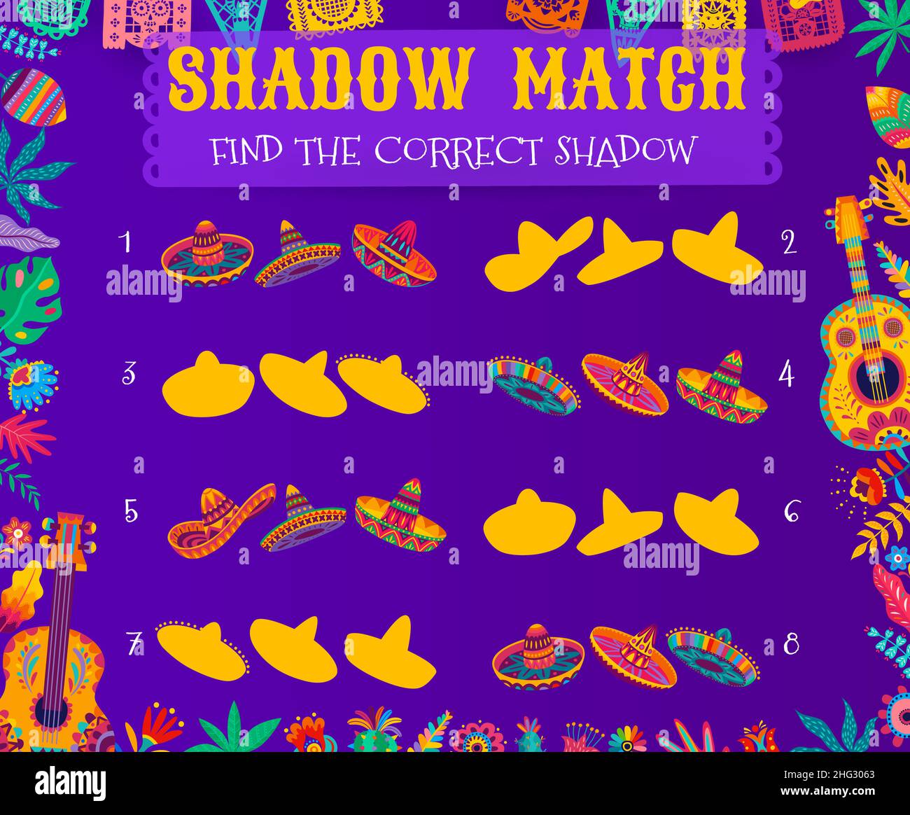 Mexican sombrero hat shadow match riddle game worksheet. Vector task for kids find correct charro cowboy cap silhouette, children logic activity, pres Stock Vector