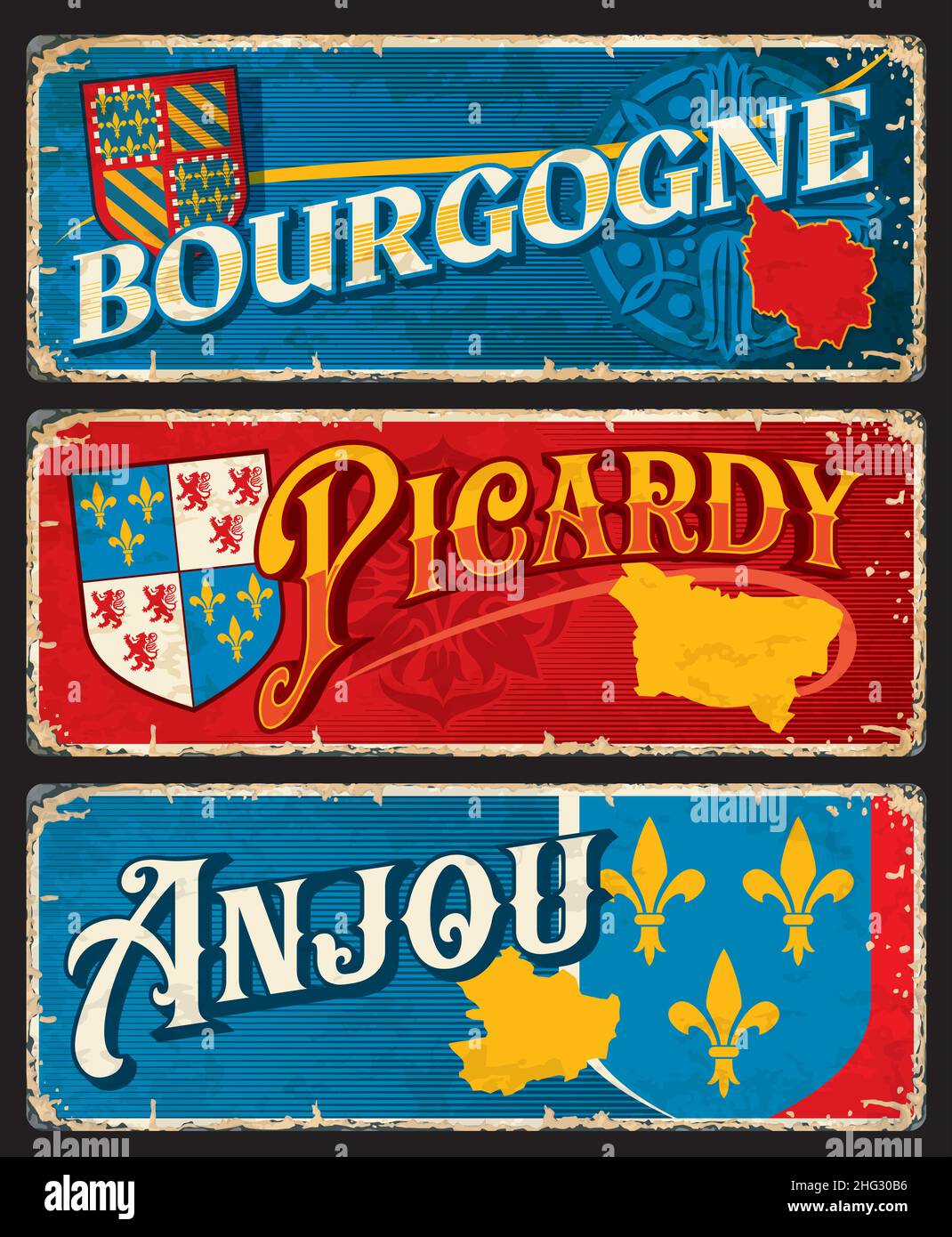 Bourgogne, Picardy and Anjou regions of France, vector vintage cards