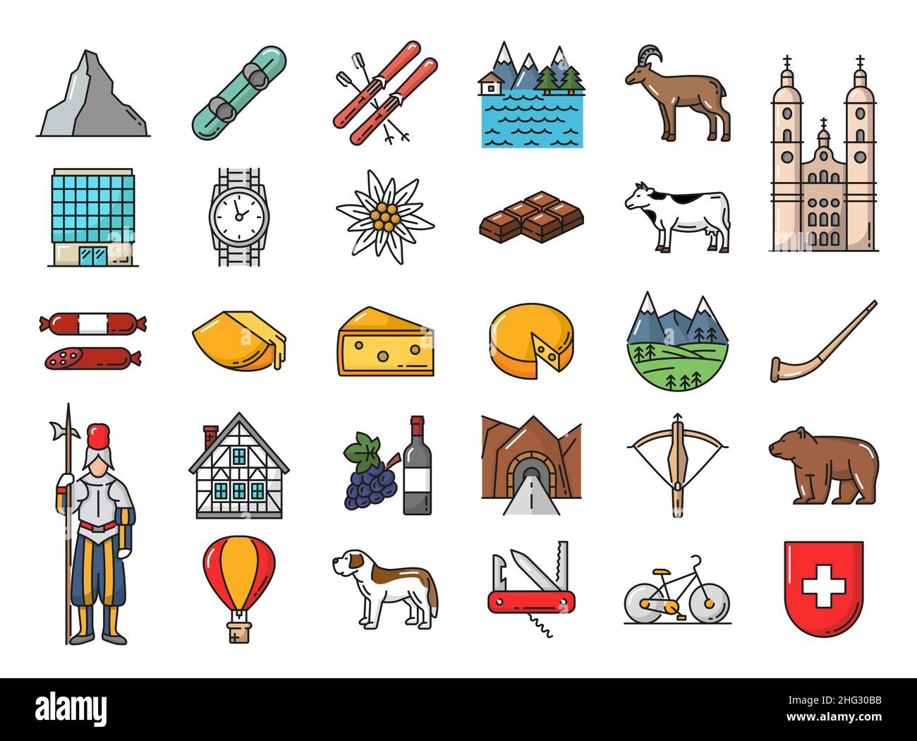 Swiss food, history landmark and people line icons set with Matterhorn peak, snowboard and ski, swiss guard, cheese and edelweiss, chocolate, tunnel a Stock Vector