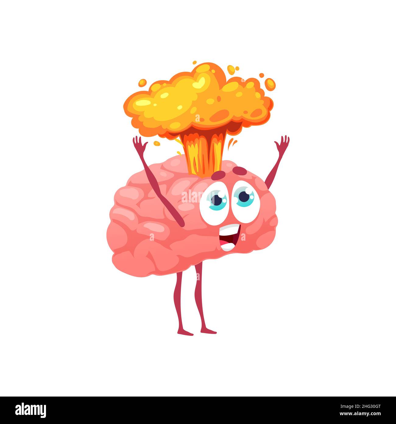 Cartoon brain with head explosion, strong stress and information overload isolated cartoon character. Vector brainy emoticon with detonating head, nuc Stock Vector