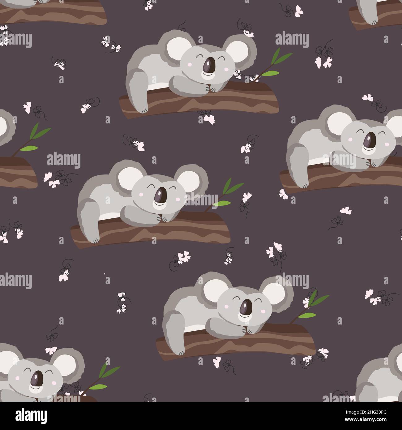 Seamless pattern with cute koala baby and flowers on color background ...