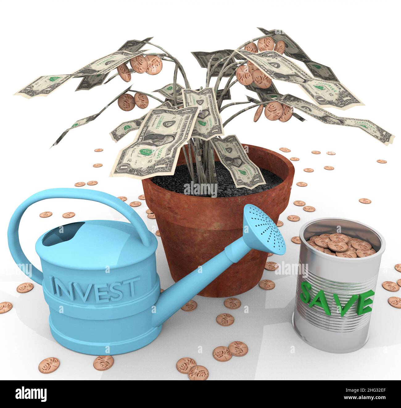 How To Grow Wealth An illustration related to growing wealth with the depiction of a colloquial potted 'money tree'. Stock Photo