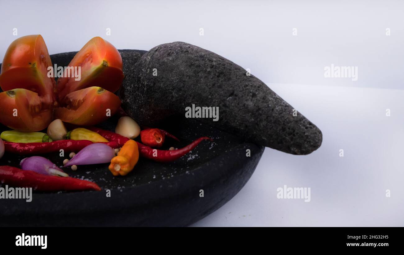 Mortar and Pestle with Fresh Spices Stock Photo