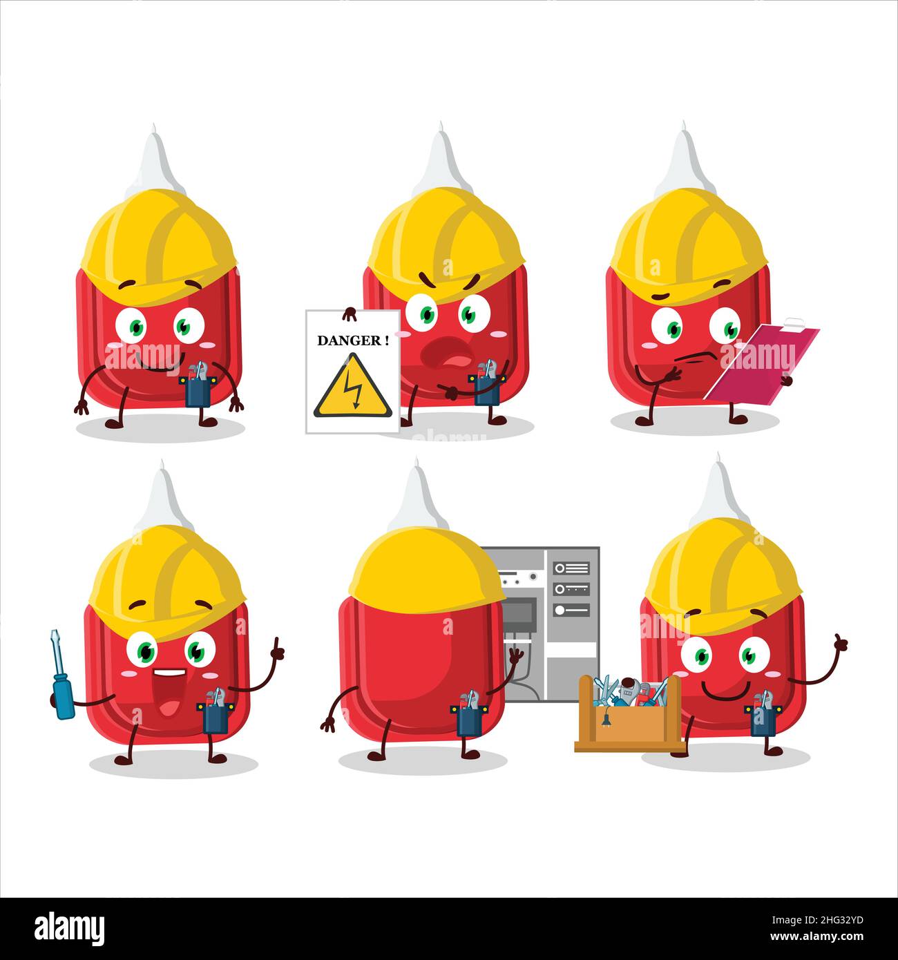 Professional Lineman red correction pen cartoon character with tools