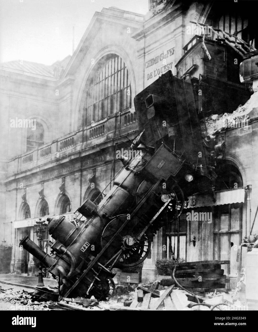 A train crashed through the station wall and into the street at Montparnasse station in Paris Stock Photo