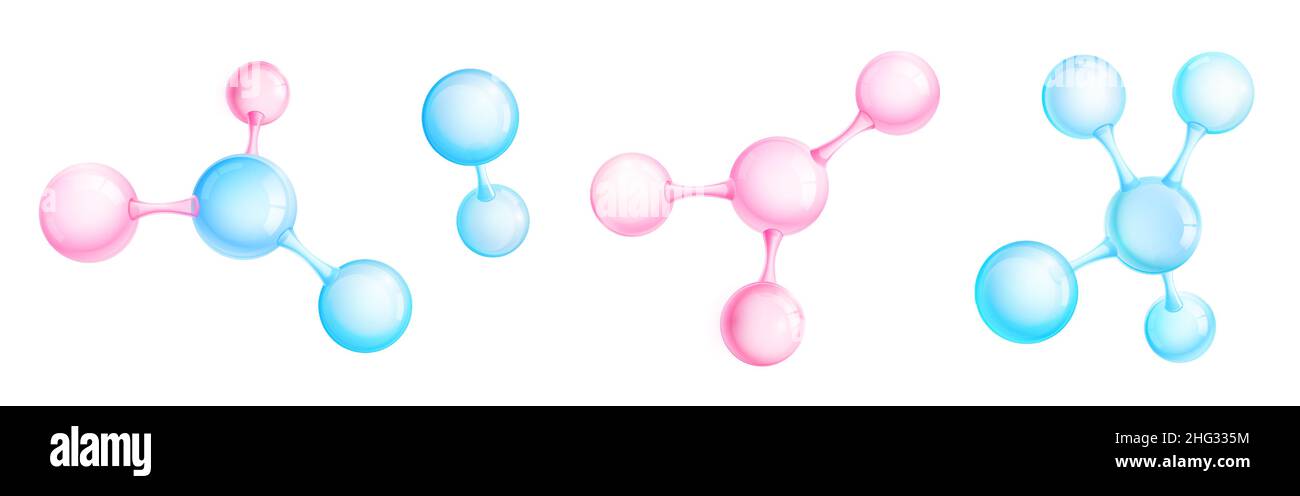Molecules and atoms models, abstract scientific elements for chemistry, medicine, biology or physics science. Isolated pink or blue 3d vector microscopic objects, connected spheres on white background Stock Vector