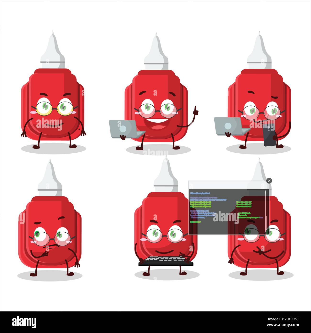 Red correction pen Programmer cute cartoon character with. Vector ...
