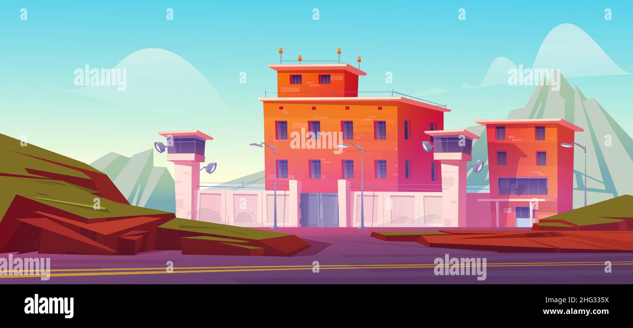 Prison building, jail fenced with strained barbed wire on high wall, searchlights on watchtowers. Criminal institution, penitentiary facade exterior at mountain landscape, Cartoon vector illustration Stock Vector