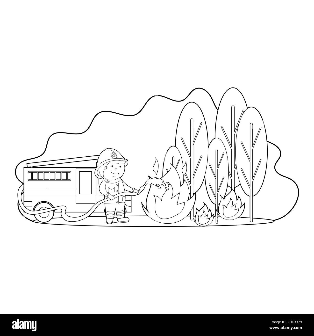 coloring book, color a cartoon illustration of a firefighter extinguishing a forest fire, vector Stock Vector