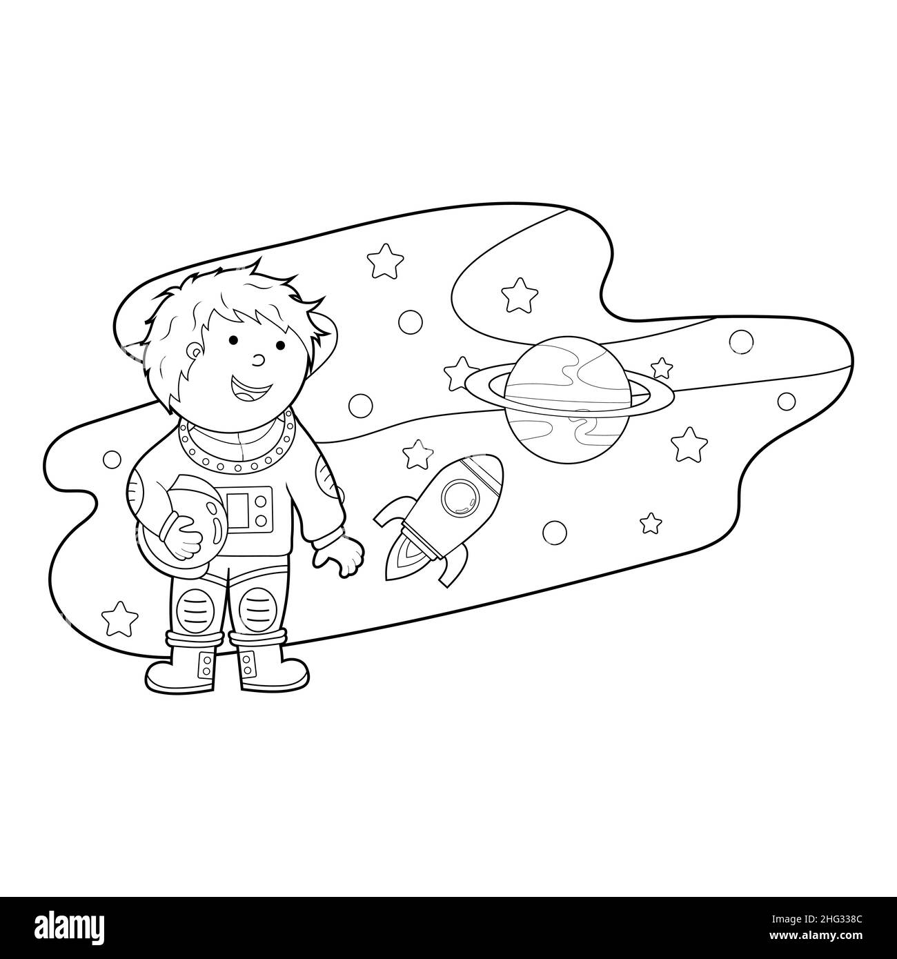 coloring book, color a cartoon illustration of an astronaut in space, vector isolated on a white background Stock Vector