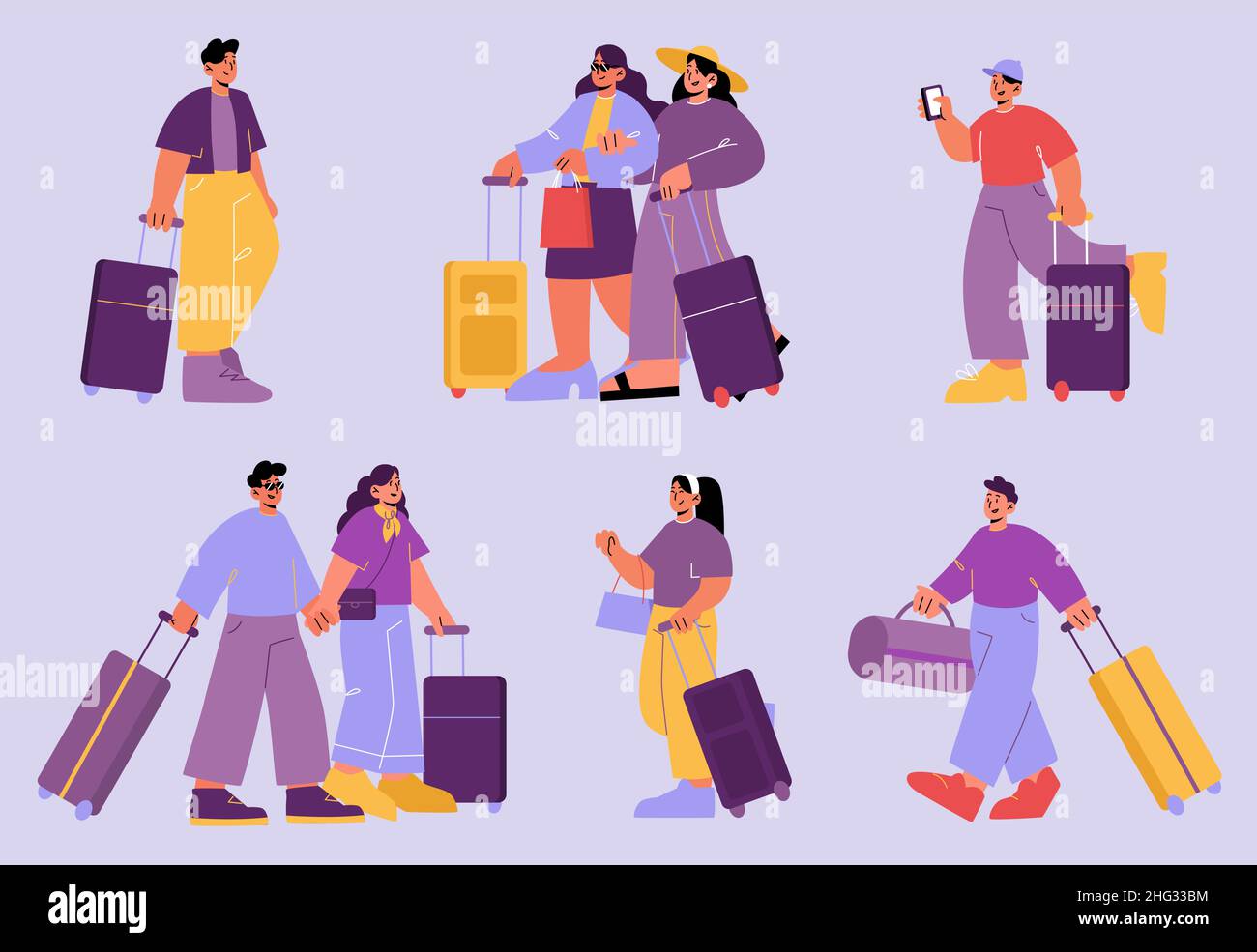 Tourists travel with suitcases and bag. Men, women, friends and couple with luggage go in journey. Vector cartoon illustration of people with baggage isolated on background Stock Vector
