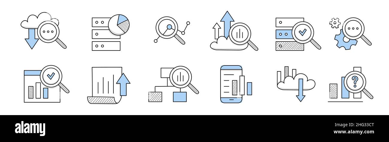 Data analysis doodle icons set. Information cloud storage, magnifying ...