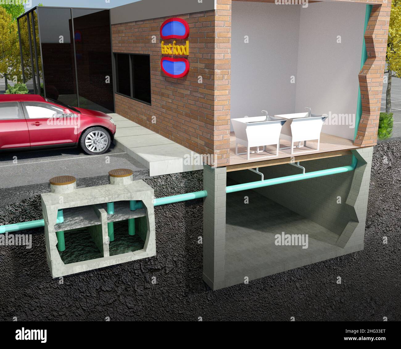 A schematic section-view illustration of a Grease Interceptor/Grease Trap, commonly used by restaurants to capture cooking oils. Stock Photo