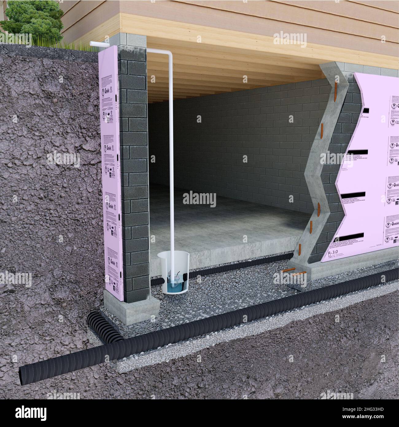 A 3-D illustration of the construction method for a residential house foundation. Stock Photo
