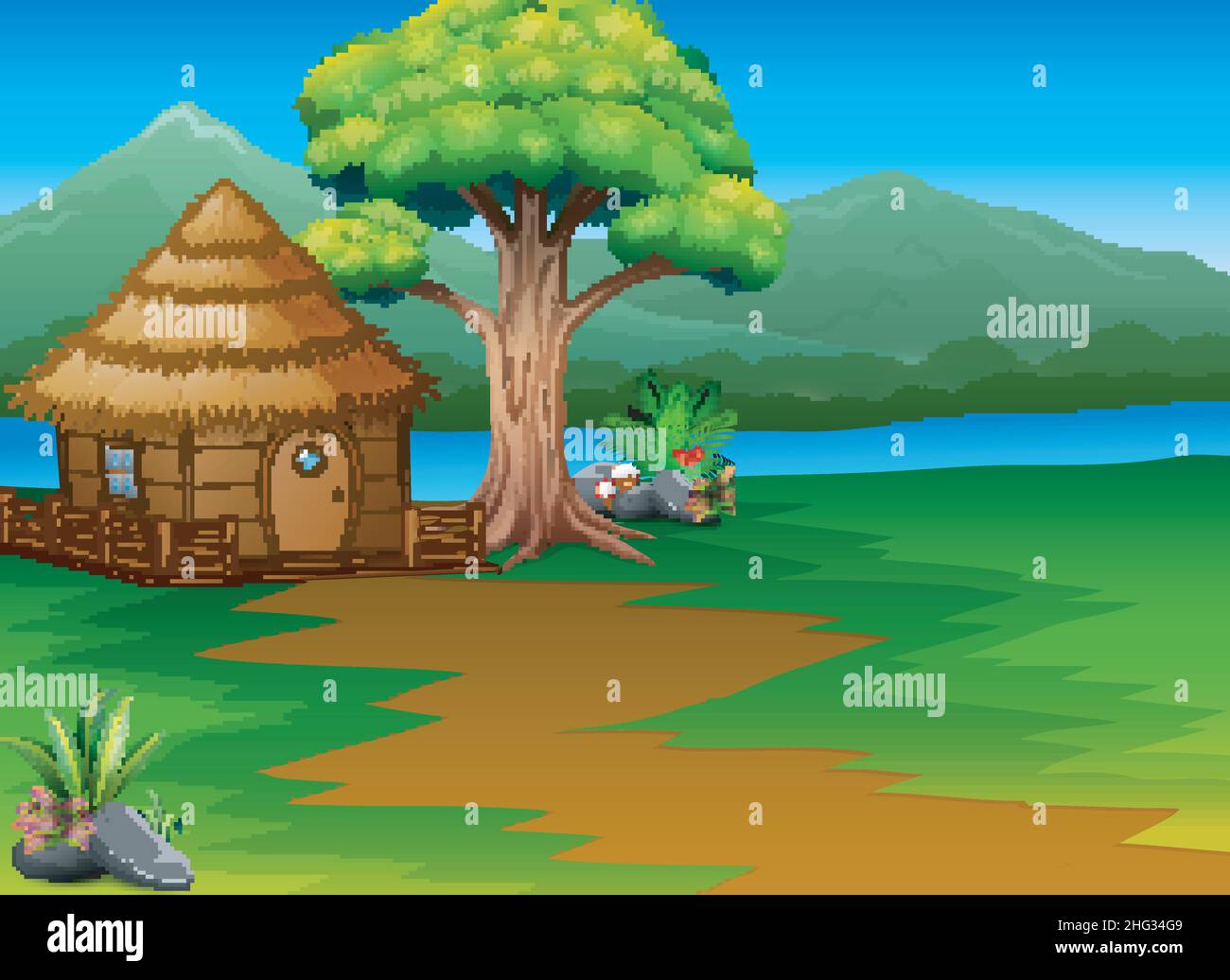 Cartoon woods cabin by the river with mountains landscape background Stock Vector
