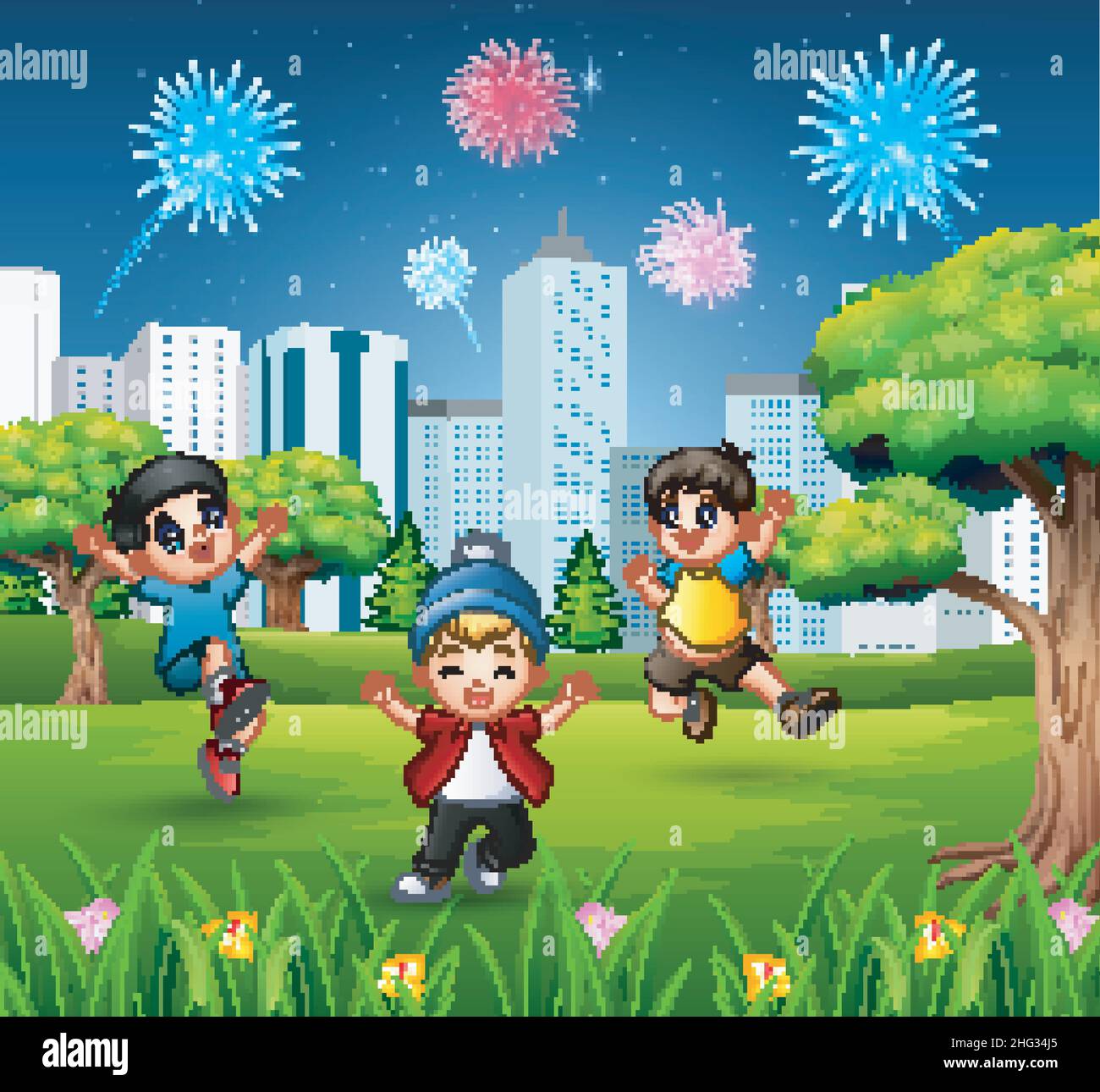 Happy children playing and jumping in the city park Stock Vector Image ...