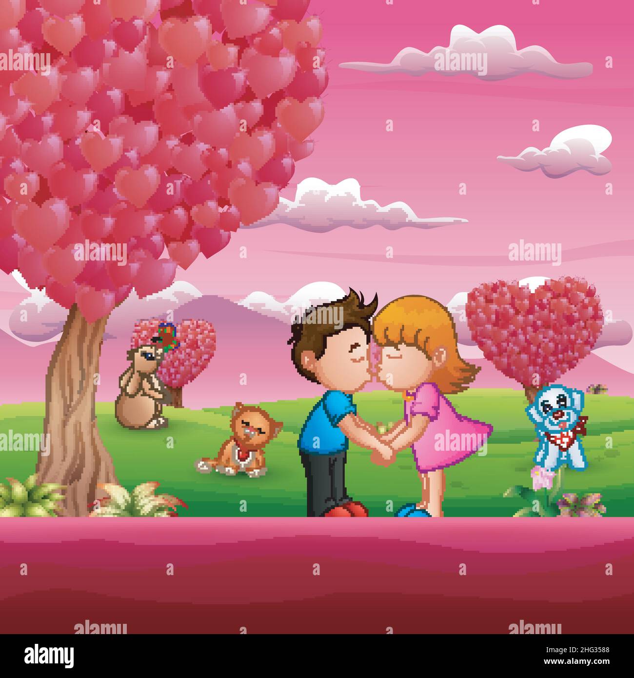 Cartoon little boy and girl kissing in beautiful pink scenes Stock Vector  Image & Art - Alamy