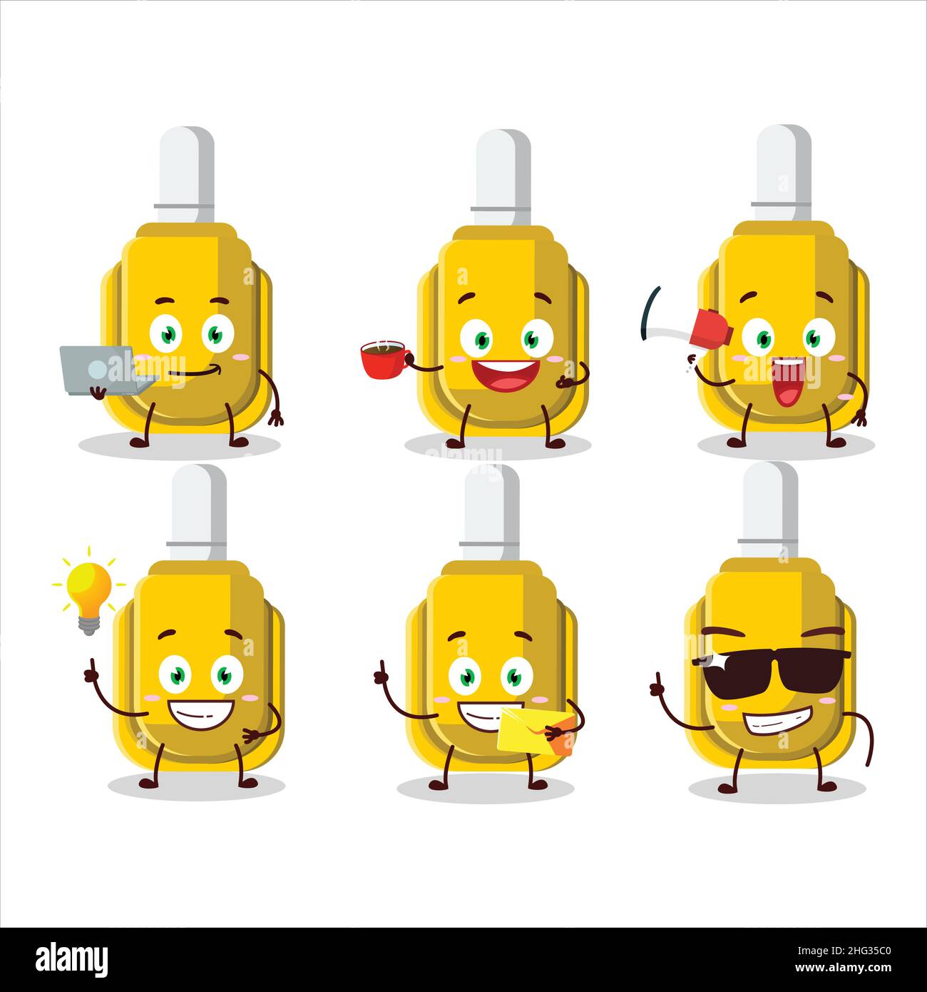 Yellow correction pen cartoon character with various types of business