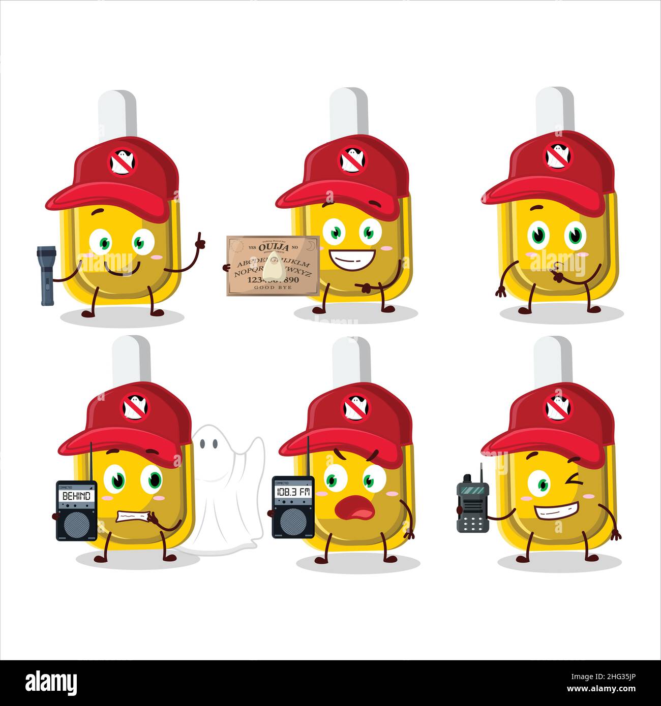Ghost hunter cartoon yellow correction pen character using camera. Vector illustration Stock Vector