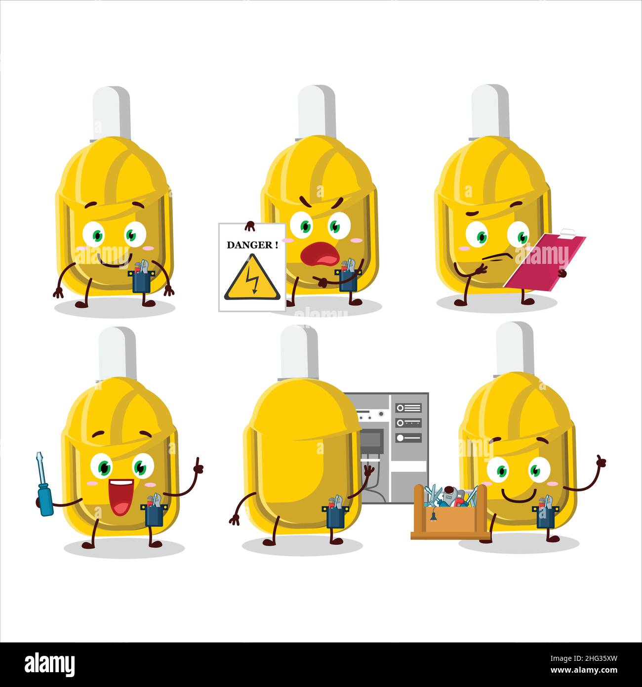 Professional Lineman yellow correction pen cartoon character with tools