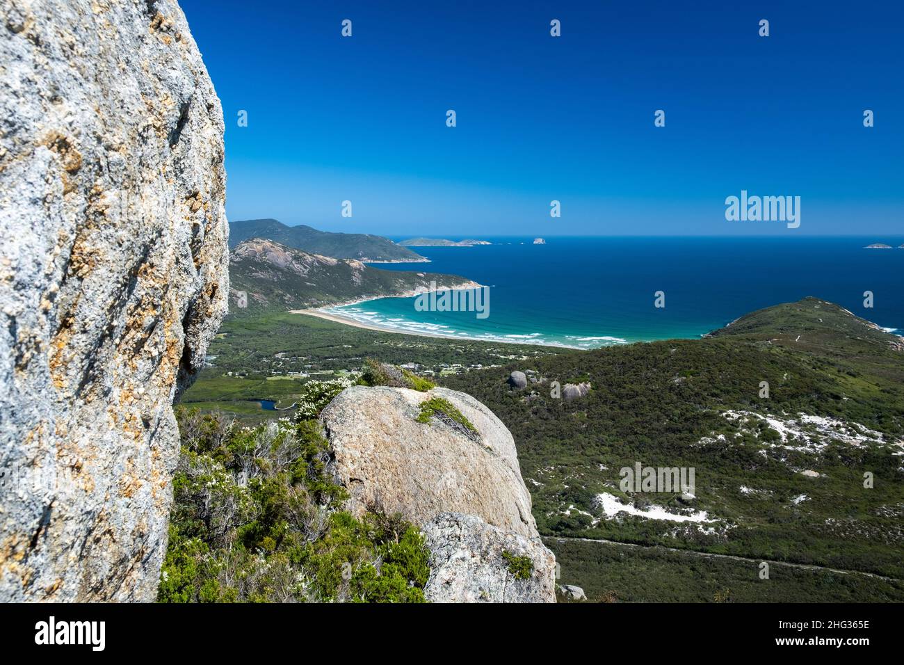 Scenic landscape of Wilsons Prom in the summer from Mount Oberon Stock Photo