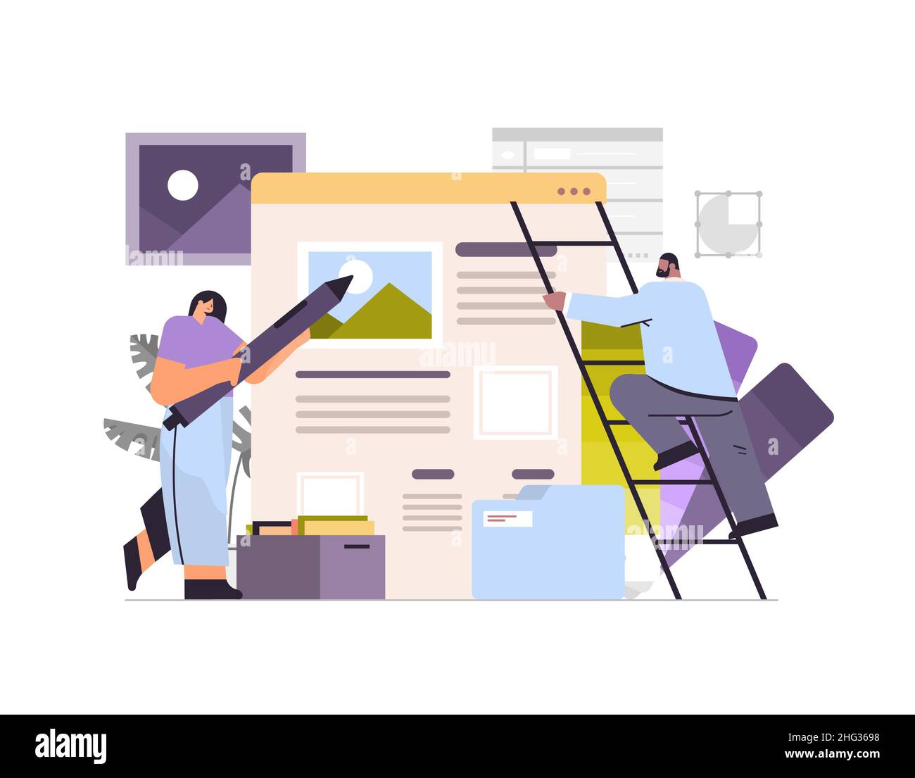 developers couple creating website ui interface web application development program software optimization Stock Vector