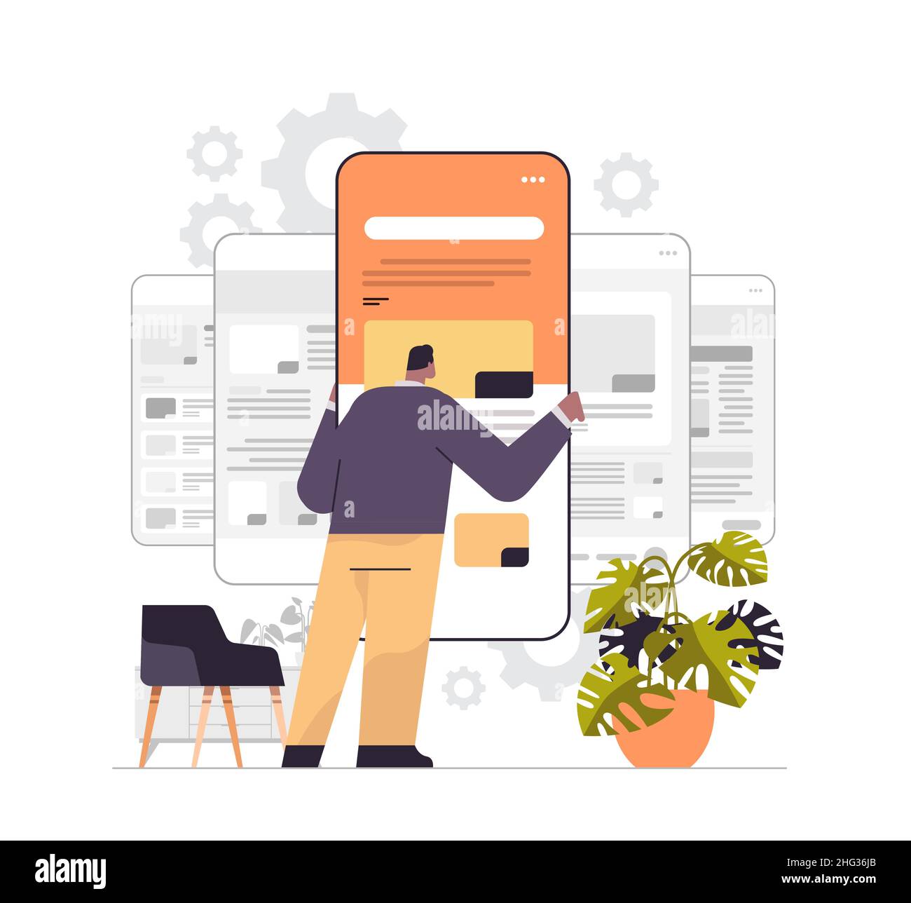 man technician working on smartphone repairing mobile application setting option adjusting application operating system maintenance Stock Vector