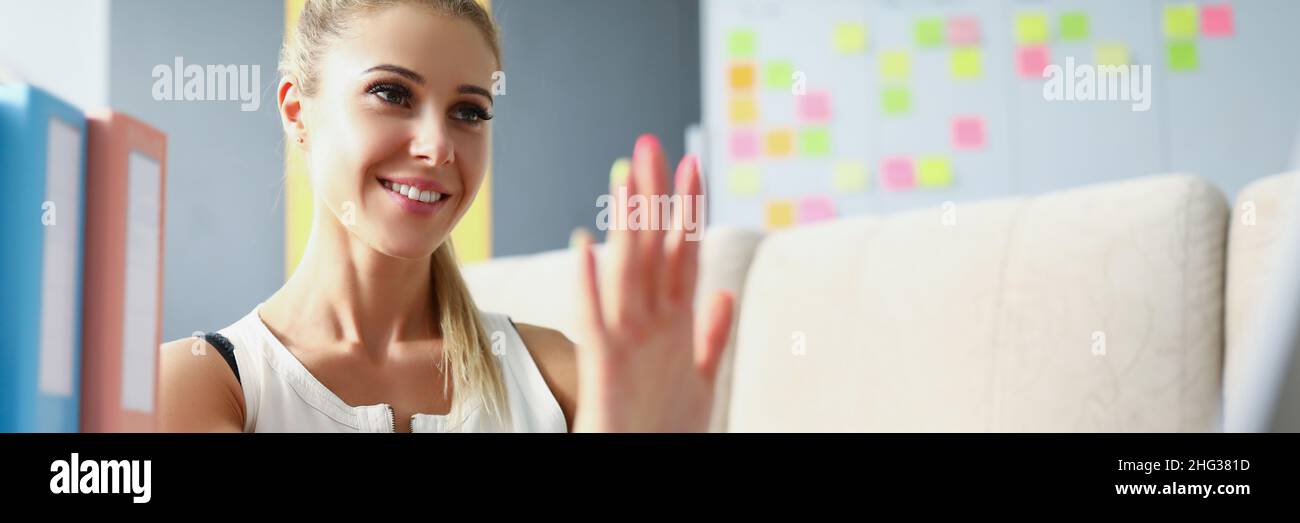 Lady speaking with international partners Stock Photo