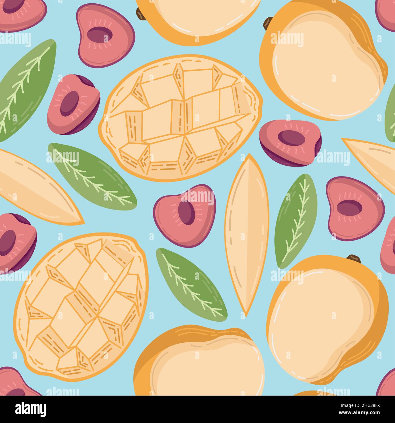 Fruit seamless pattern for textile products, cherry and mango pieces, bone and leaves in a flat style  Stock Vector