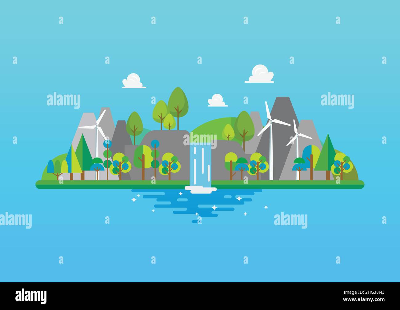 Waterfall and mountain landscape in flat style. Vector illustration ...