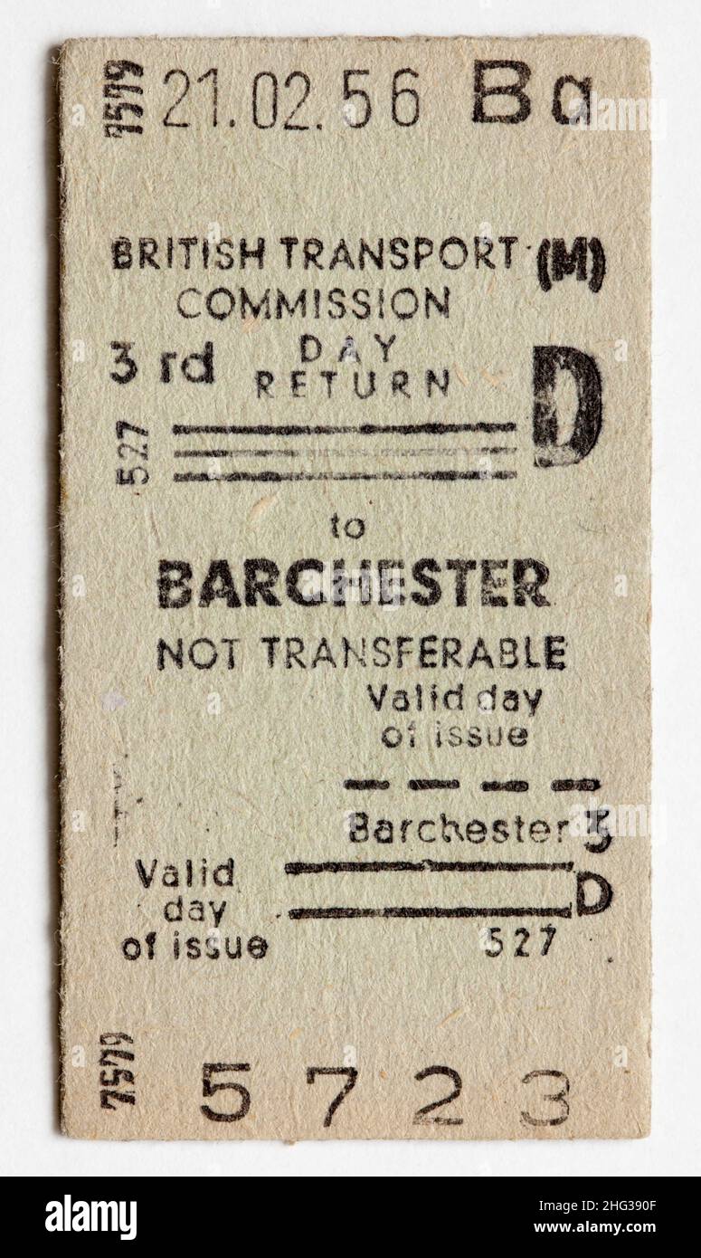 Old 1950s British Transport Commission Railway Train Ticket - Barchester Station Stock Photo