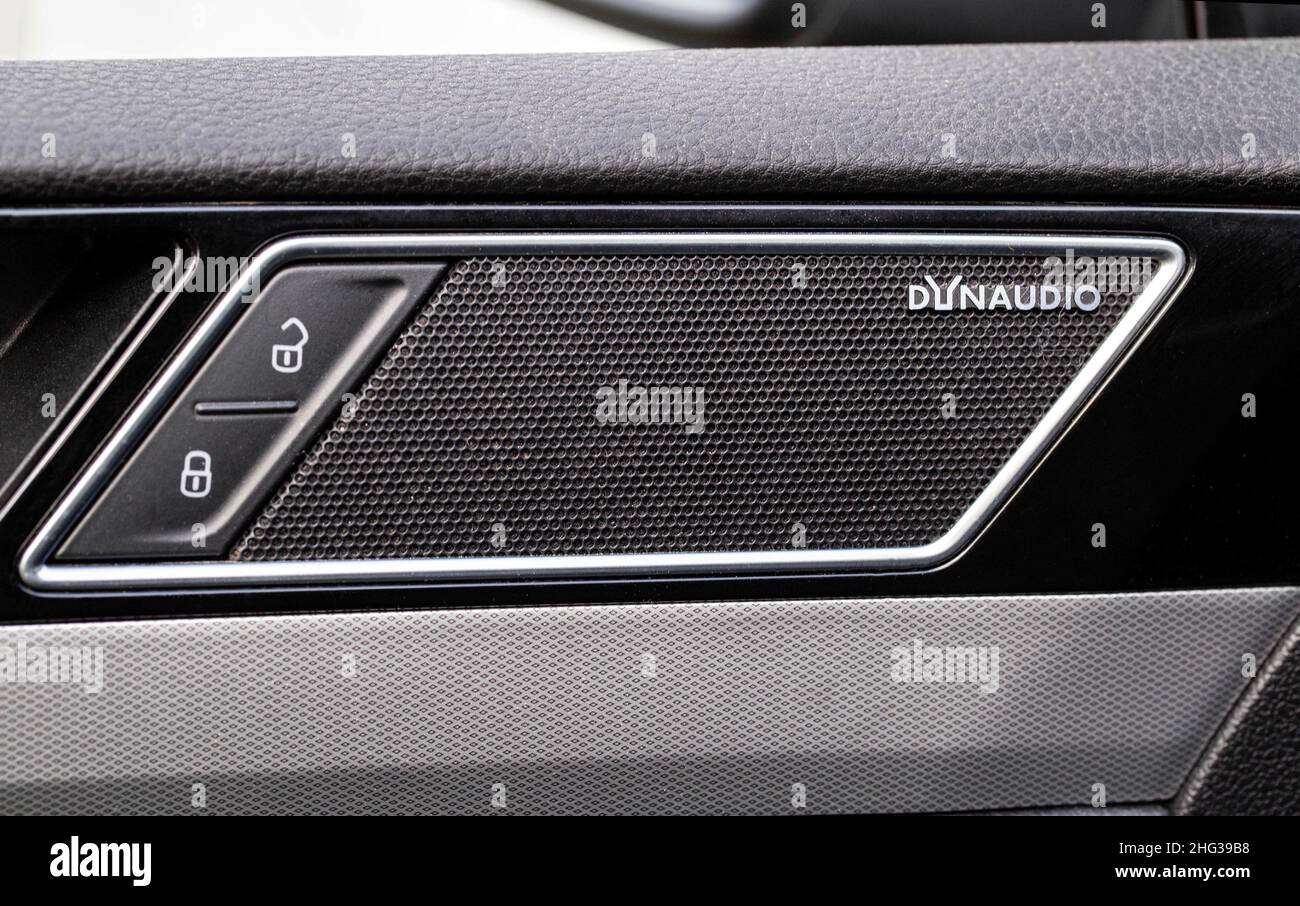 BOBRUISK, BELARUS 20.08.21: Speakers in sound car brand sound system Dynaudio Stock Photo